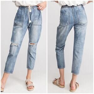 EASEL Distressed Boyfriend Jeans Drawstring Pull-On Elastic Waist Size M EB40105